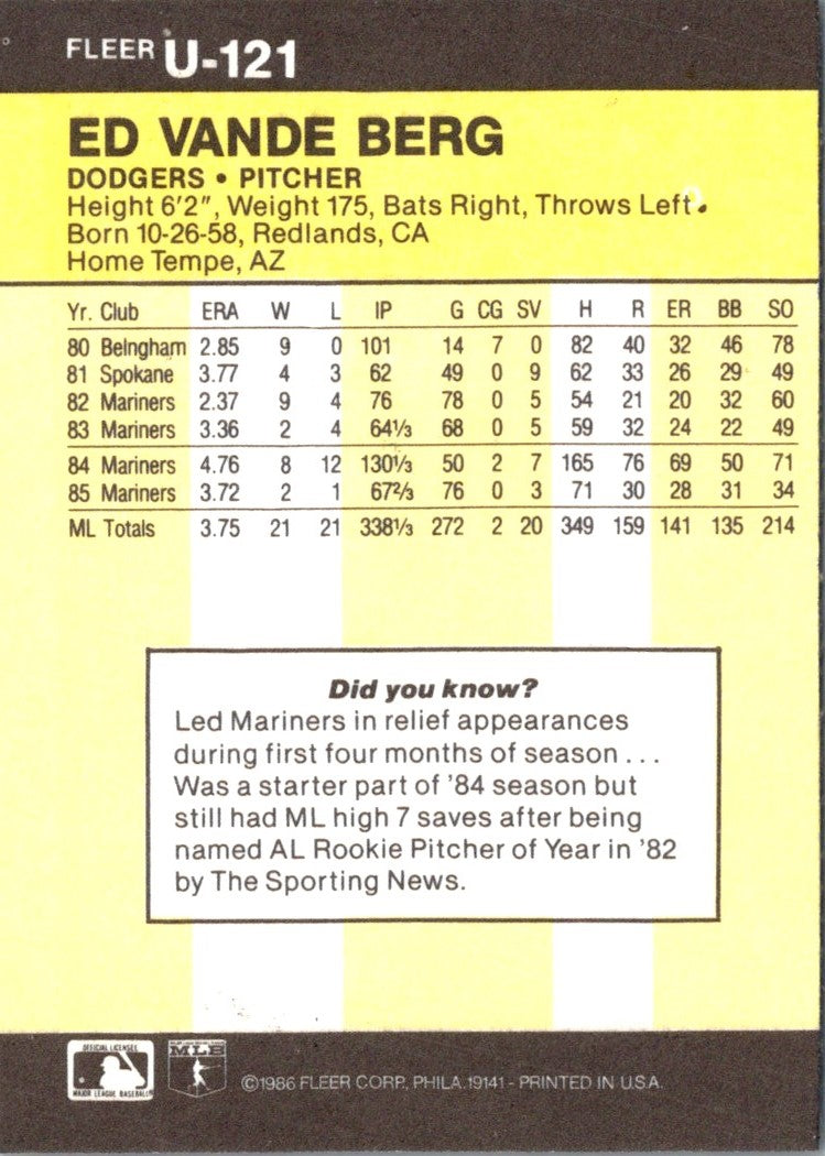 1986 Fleer Update Ed Vande Berg