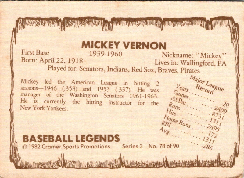 1982 Cramer Baseball Legends Series 3 Mickey Vernon