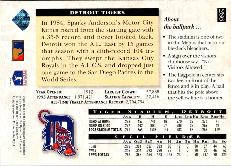 1994 Upper Deck Fun Pack Scratch Off Detroit Tigers