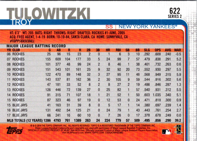 2019 Topps New York Yankees Troy Tulowitzki