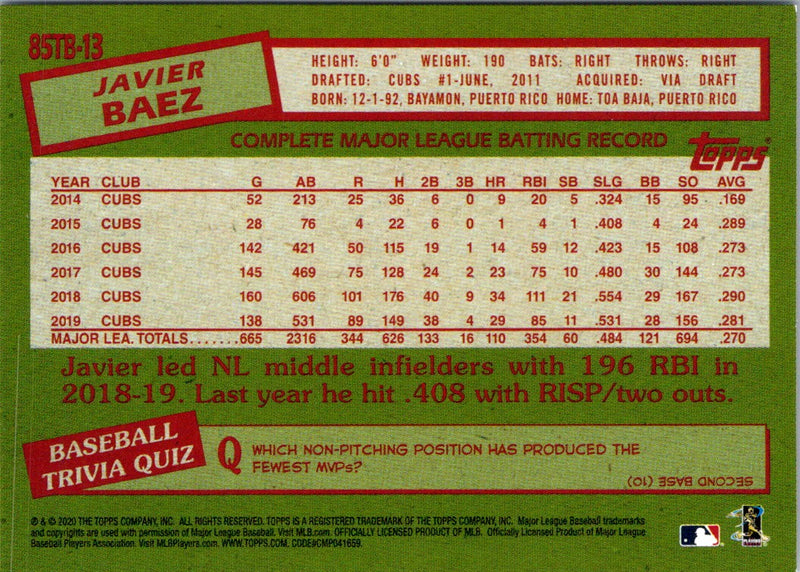 2020 Topps Update 1985 Baseball 35th Anniversary Javier Baez