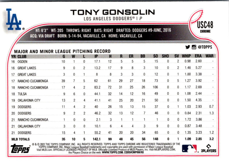 2022 Topps Chrome Update Tony Gonsolin