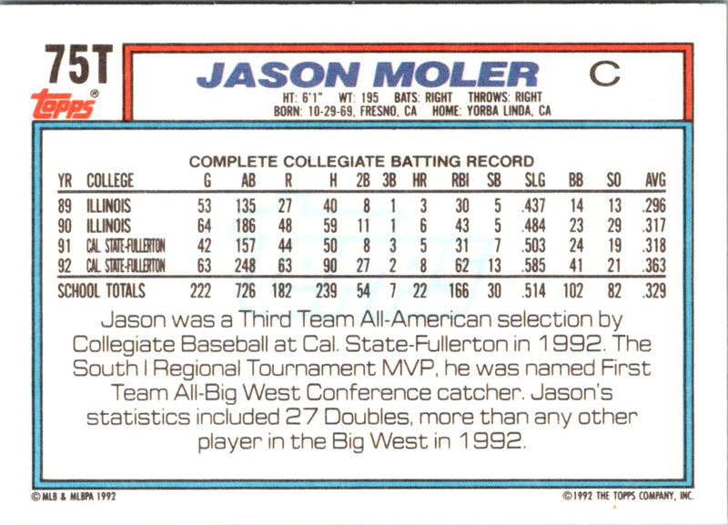 1992 Topps Traded Jason Moler