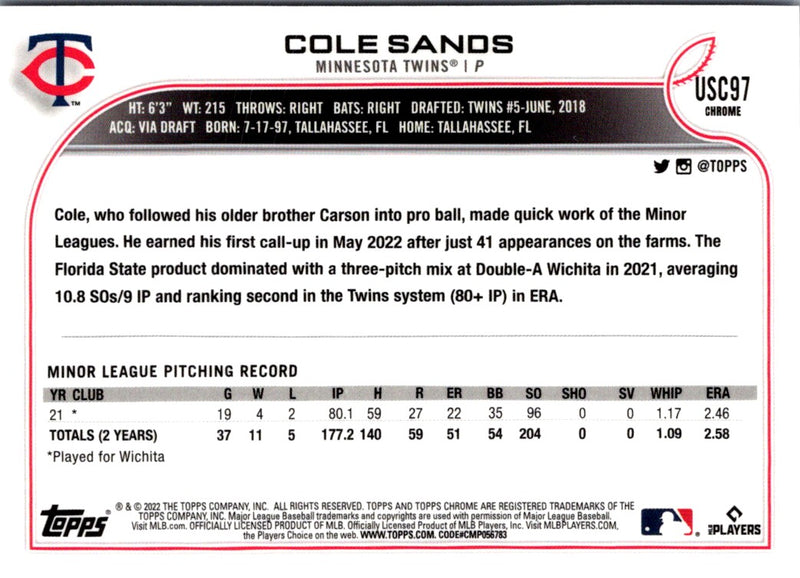 2022 Topps Chrome Update Purple Refractor Cole Sands