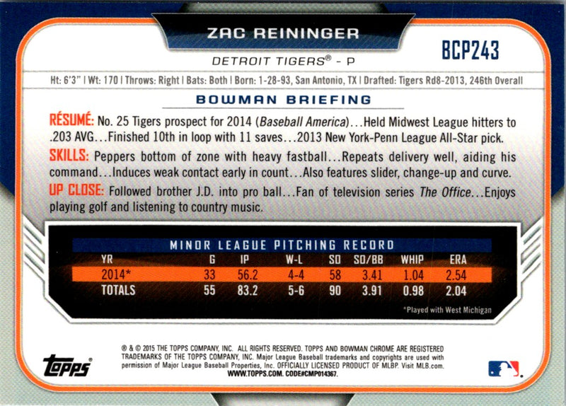 2015 Bowman Chrome Prospects Zac Reininger