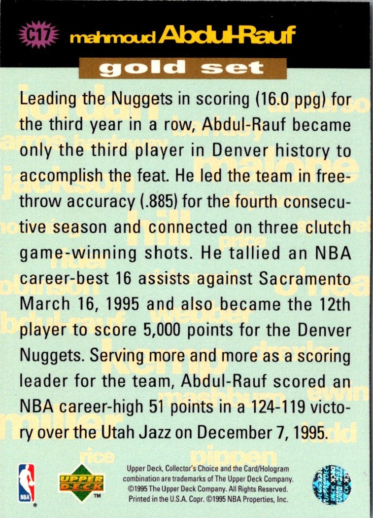 1995 Collector's Choice You Crash the Game Scoring Gold Exchange Mahmoud Abdul-Rauf