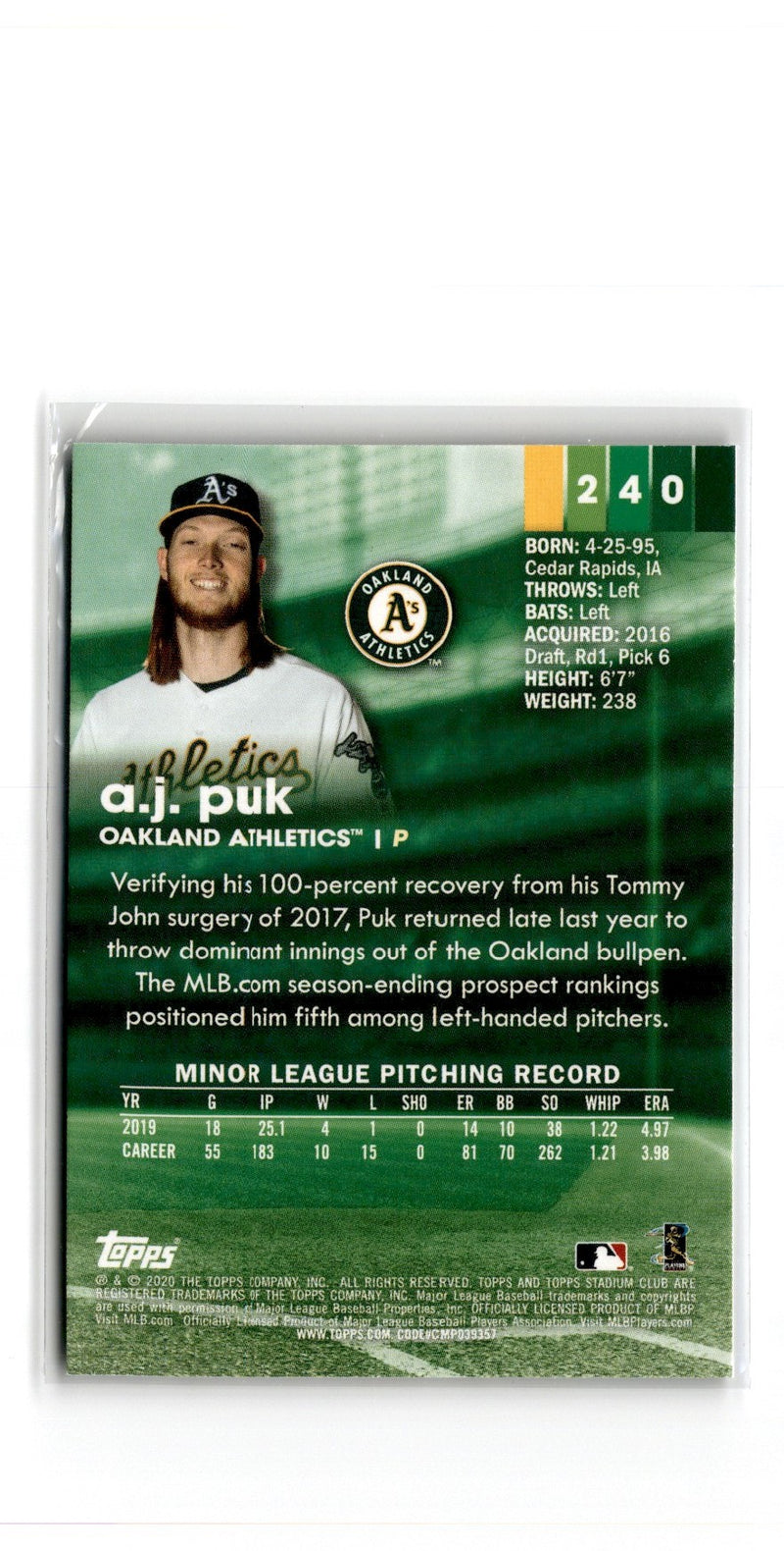 2020 Stadium Club A.J. Puk