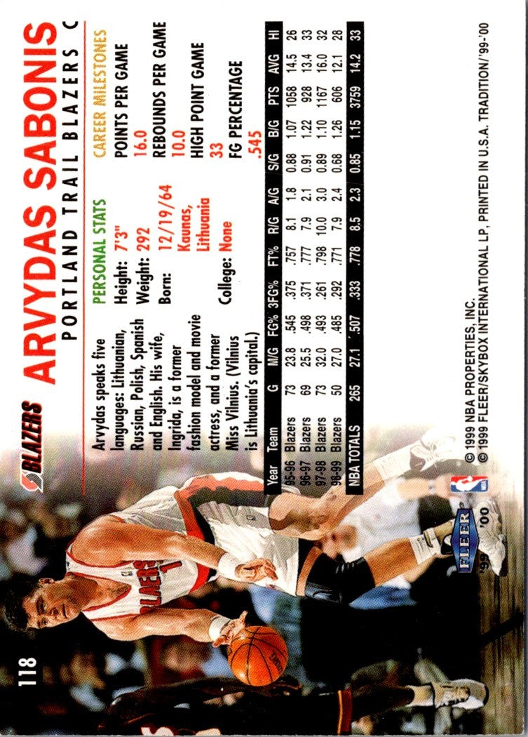 1999 Fleer Tradition Arvydas Sabonis