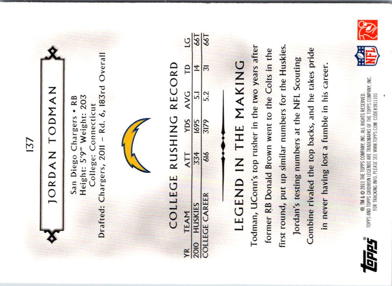 2011 Topps Gridiron Legends Jordan Todman