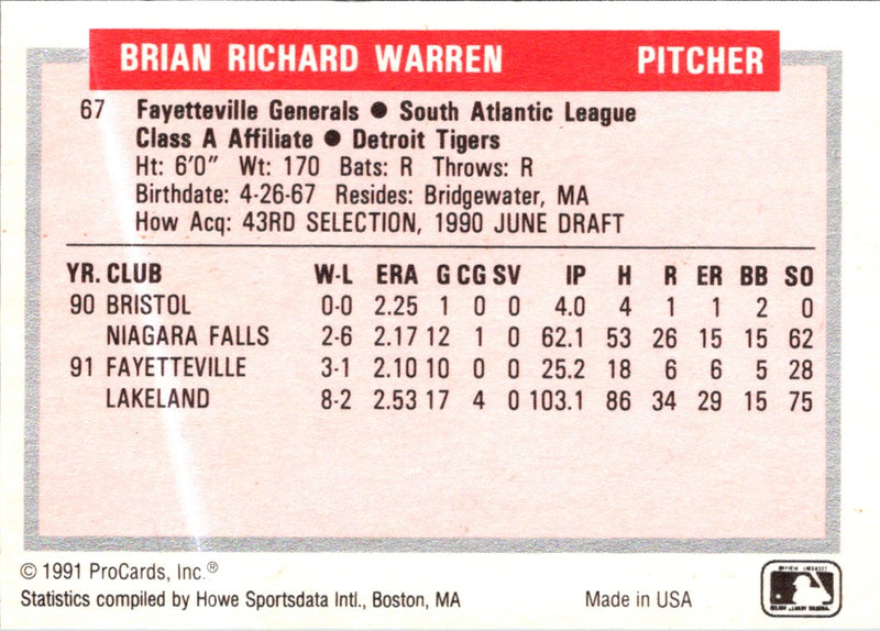 1991 ProCards Tomorrow's Heroes Brian Warren