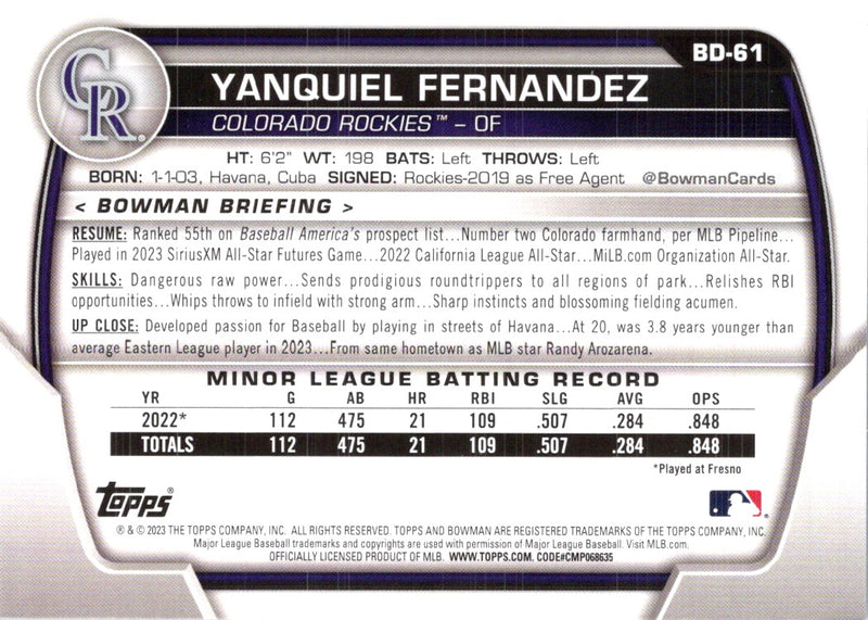 2023 Bowman Draft Yanquiel Fernandez