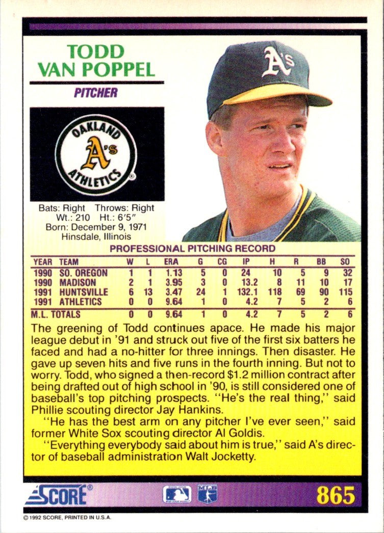 1992 Score Todd Van Poppel