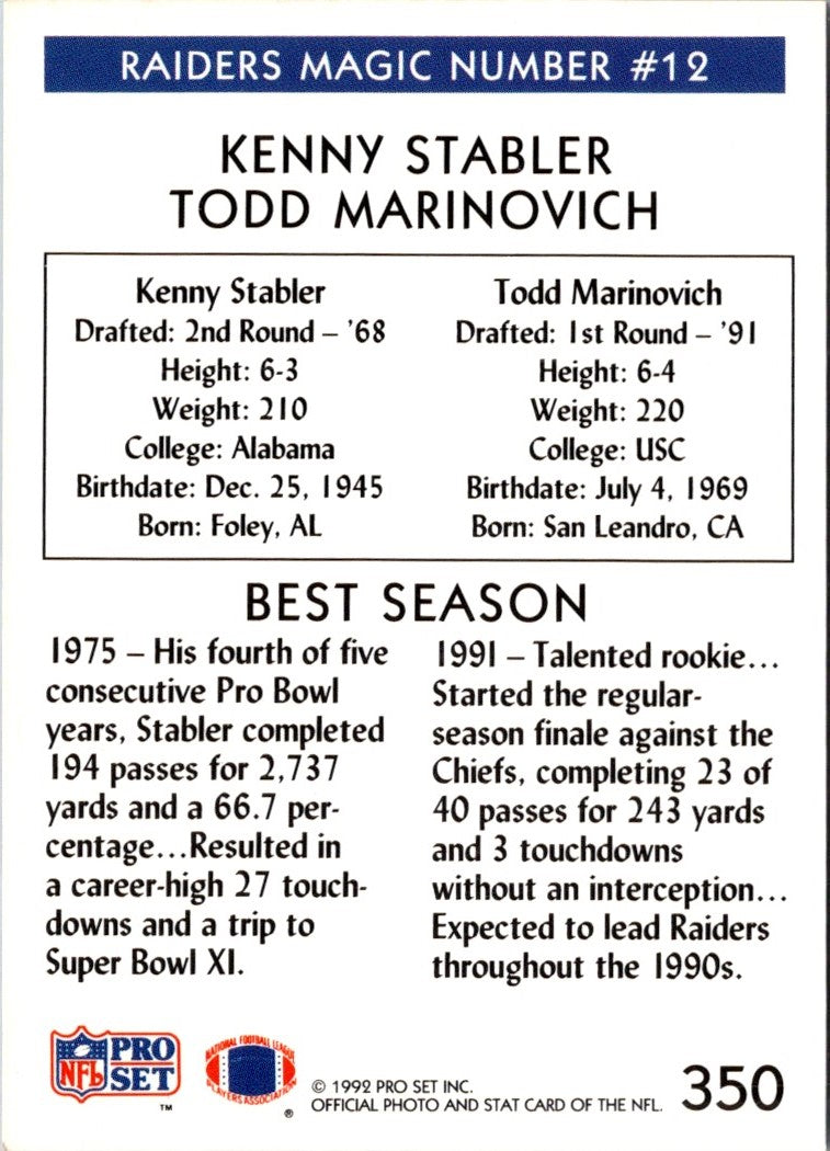 1992 Pro Set Todd Marinovich/Ken Stabler