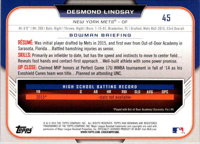 2015 Bowman Draft Picks & Prospects Desmond Lindsay