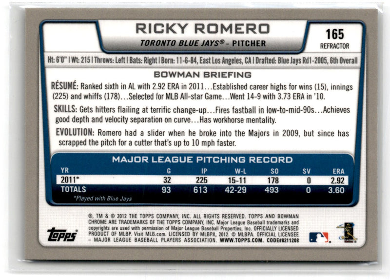 2012 Bowman Chrome Ricky Romero