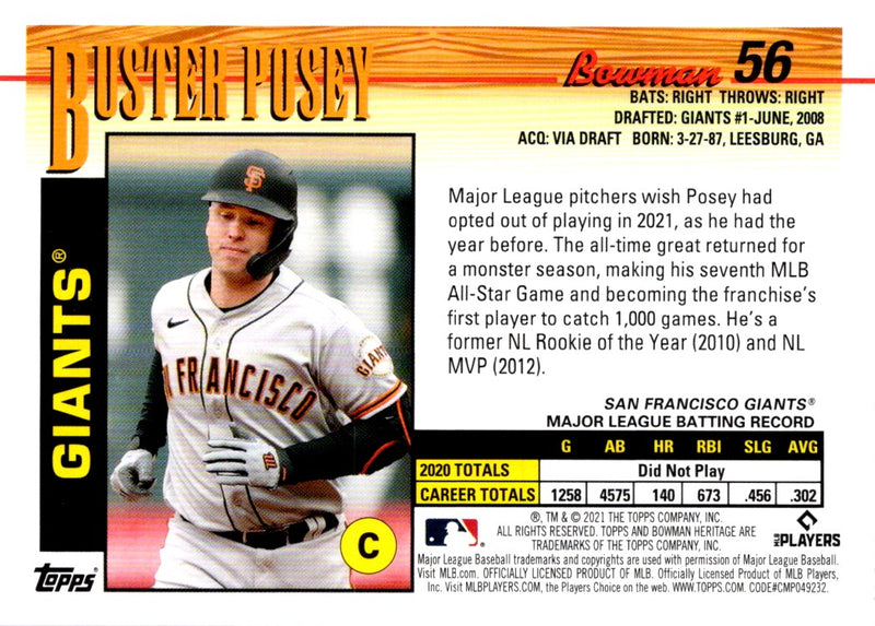 2021 Bowman Heritage Buster Posey