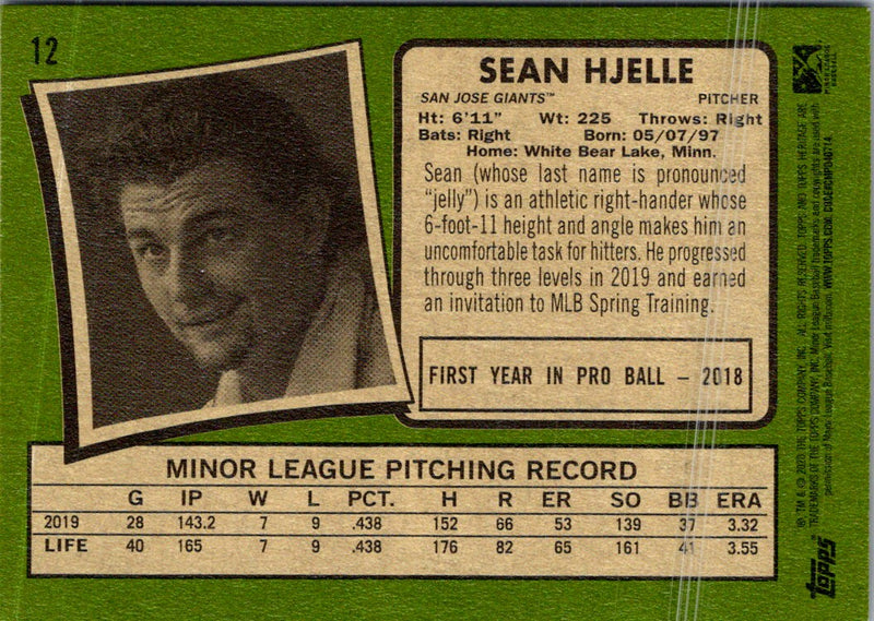 2020 Topps Heritage Minor League Sean Hjelle