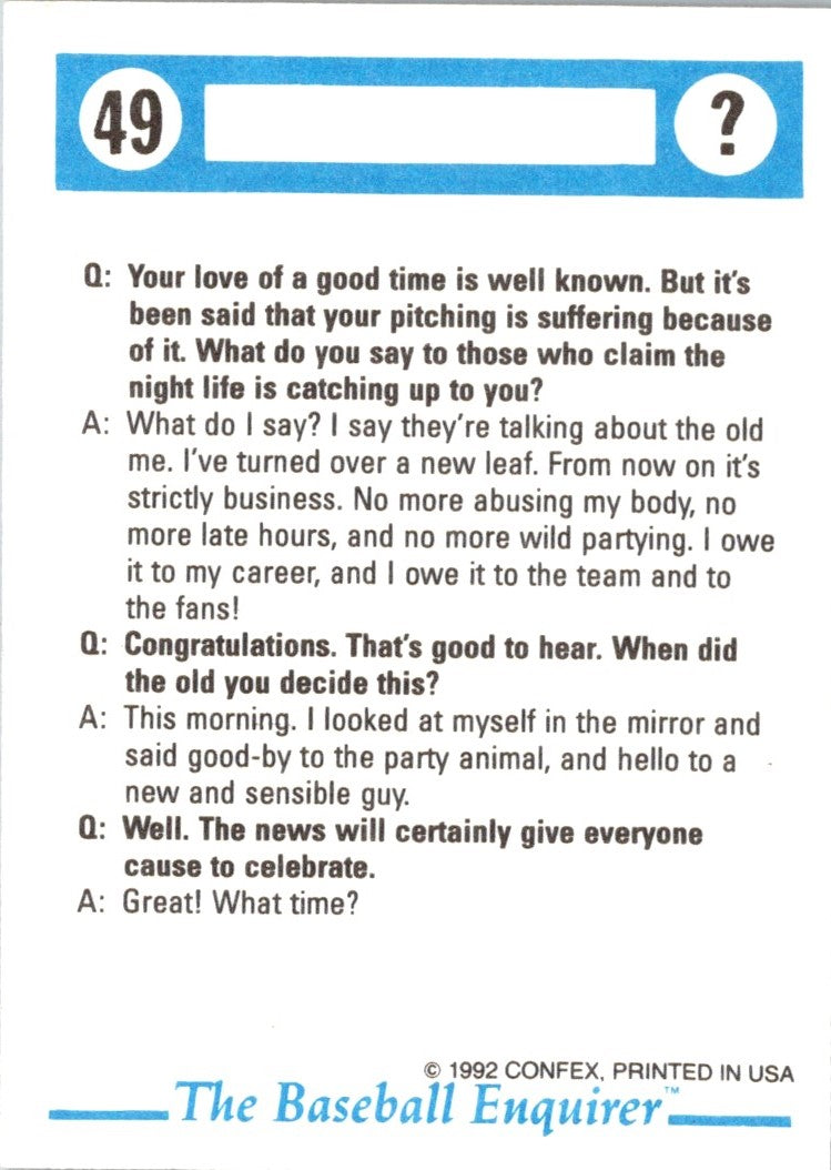 1992 Confex Baseball Enquirer David Cone