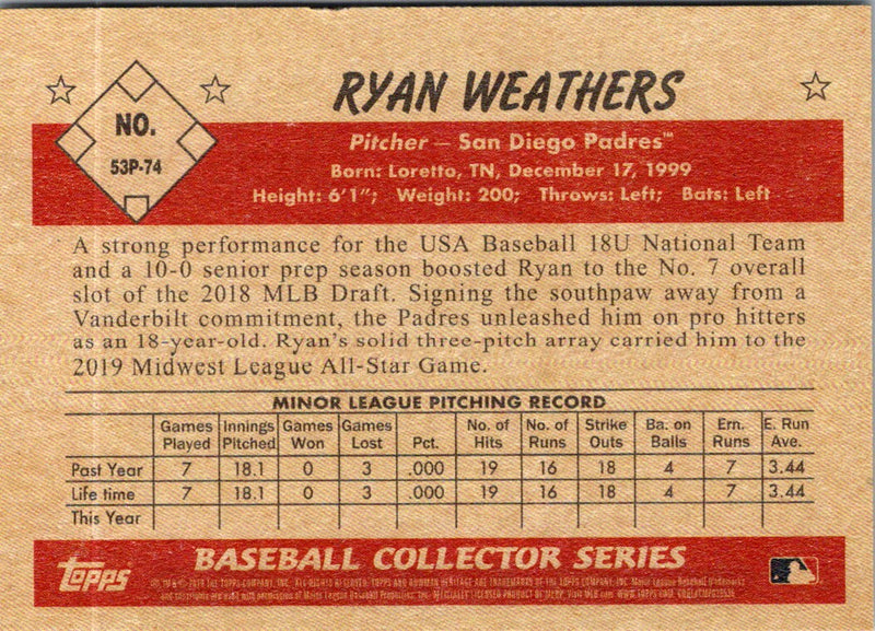 2019 Bowman Heritage Prospects Ryan Weathers