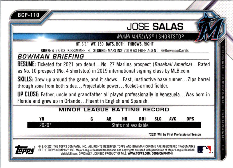 2021 Bowman Chrome Prospects Jose Salas