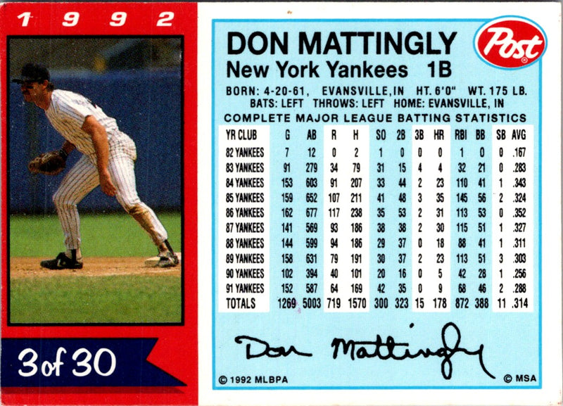 1992 Post Cereal Don Mattingly