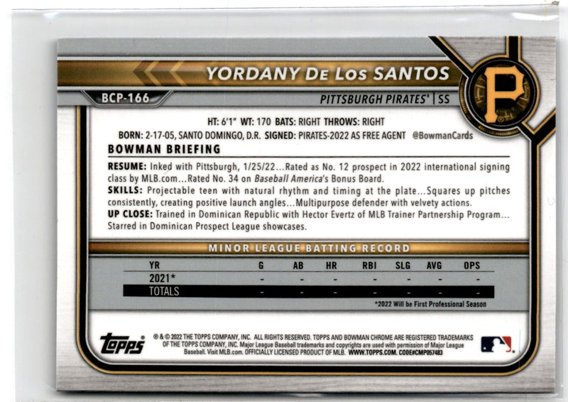 2022 Bowman Chrome Prospects Yordany De Los Santos