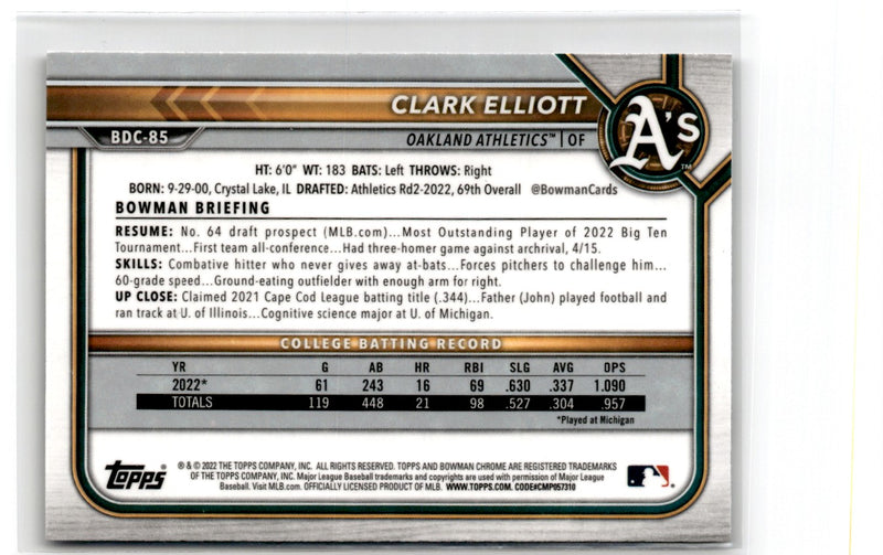 2022 Bowman Draft Baseball Chrome Clark Elliott