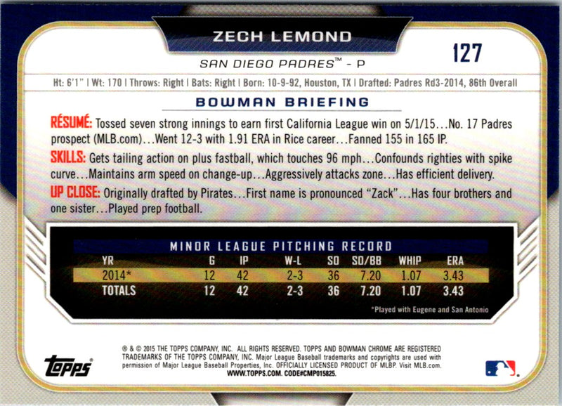 2015 Bowman Draft Picks & Prospects Chrome Zech Lemond