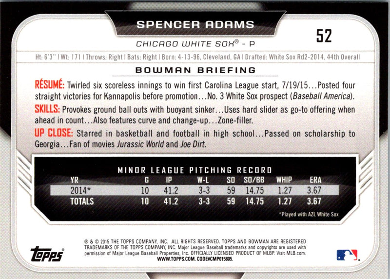 2015 Bowman Draft Picks & Prospects Spencer Adams