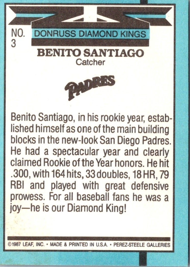 1988 Donruss Super Diamond Kings Benito Santiago