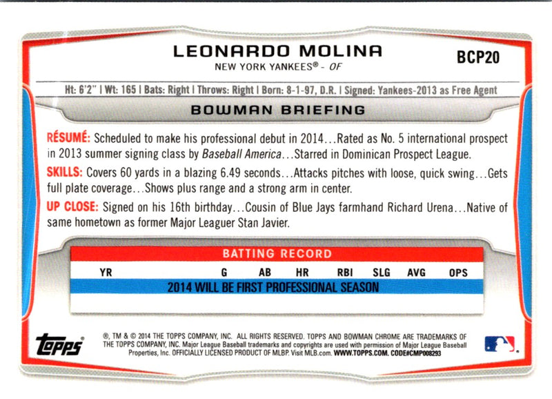 2014 Bowman Chrome Prospects Leonardo Molina