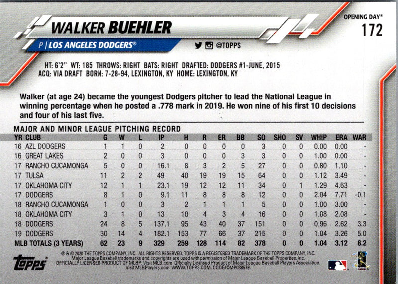 2020 Topps Opening Day Edition Walker Buehler