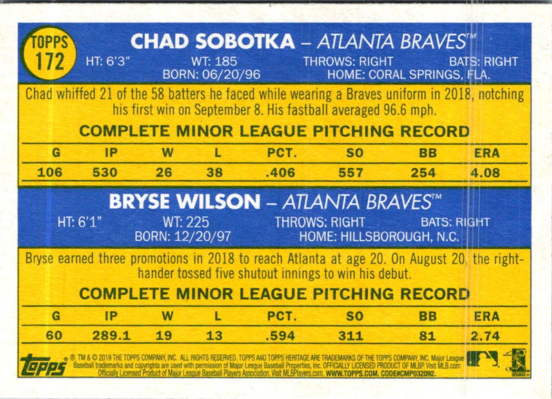 2019 Topps Heritage Chad Sobotka/Bryse Wilson