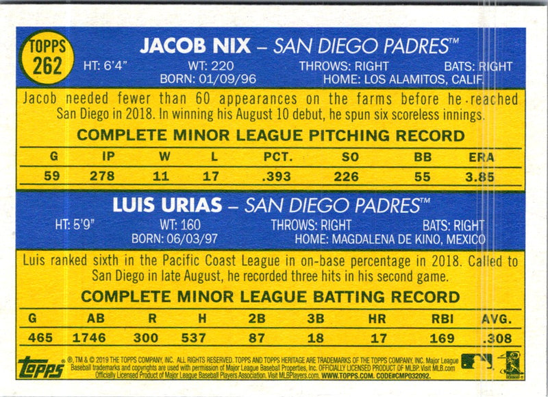 2019 Topps Heritage Jacob Nix/Luis Urias