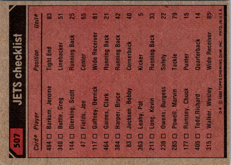 1980 Topps Team Checklists Clark Gaines/Wesley Walker/Burgess Owens/Joe Klecko