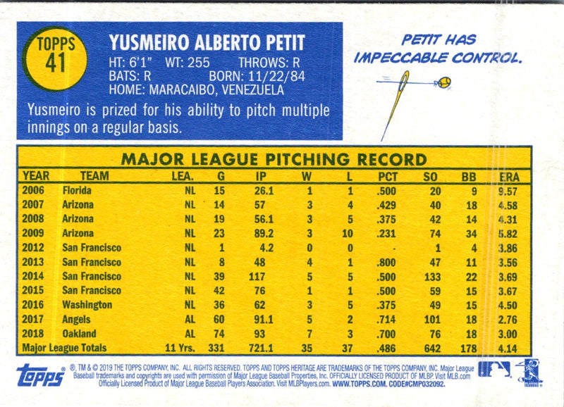 2019 Topps Heritage Yusmeiro Petit