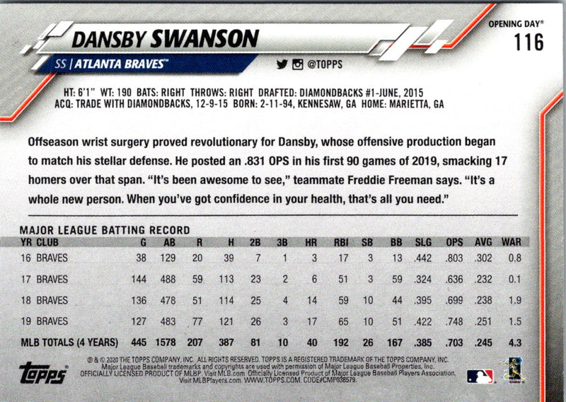 2020 Topps Opening Day Edition Dansby Swanson