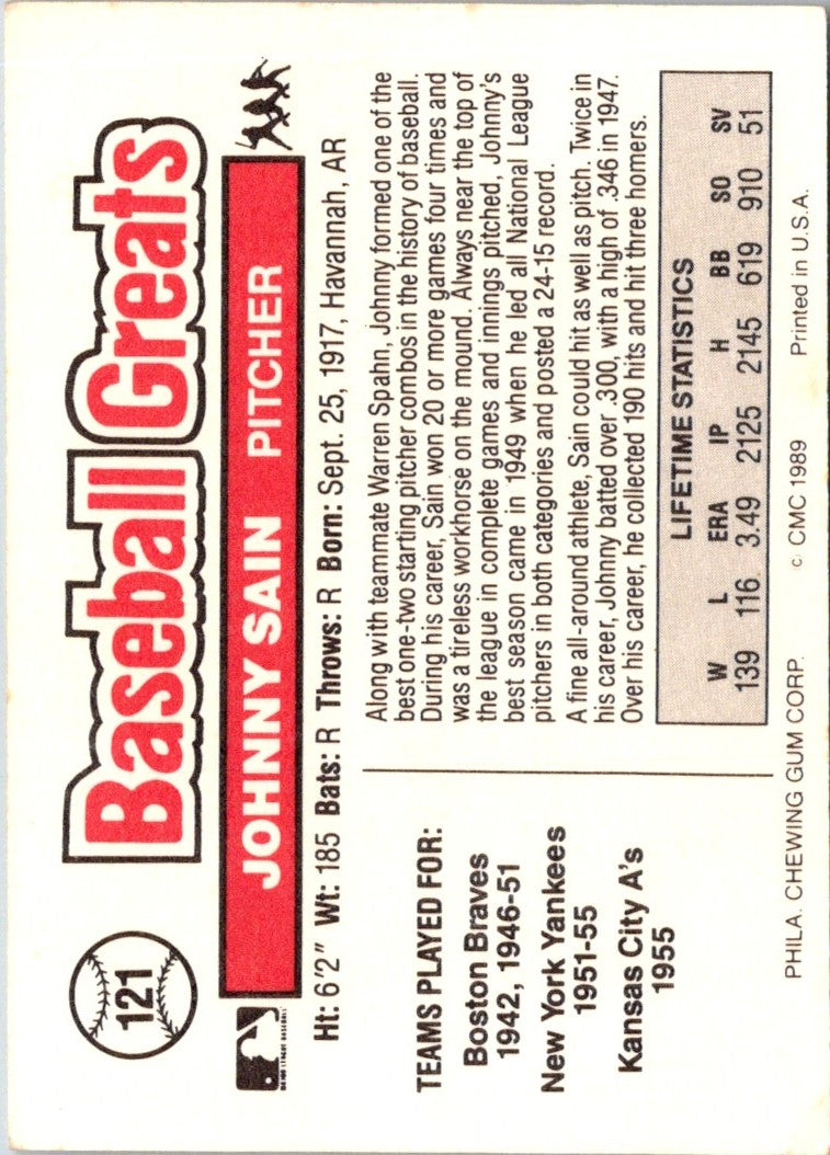 1989 Swell Baseball Greats Johnny Sain