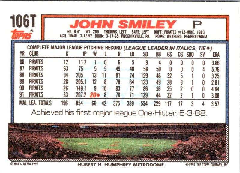 1992 Topps Traded John Smiley