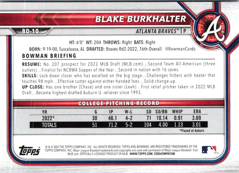 2022 Bowman Draft Baseball Blake Burkhalter