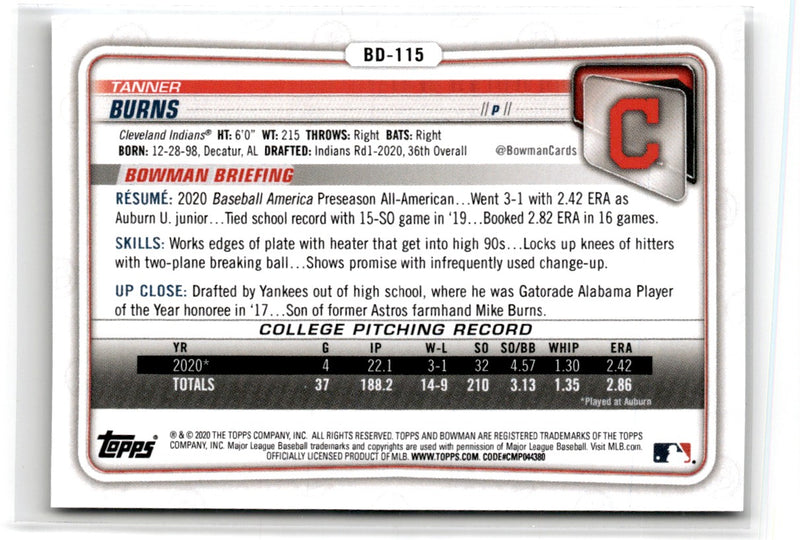 2020 Bowman Draft 1st Edition Tanner Burns