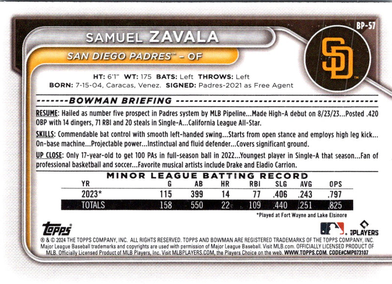 2024 Bowman Prospects Samuel Zavala