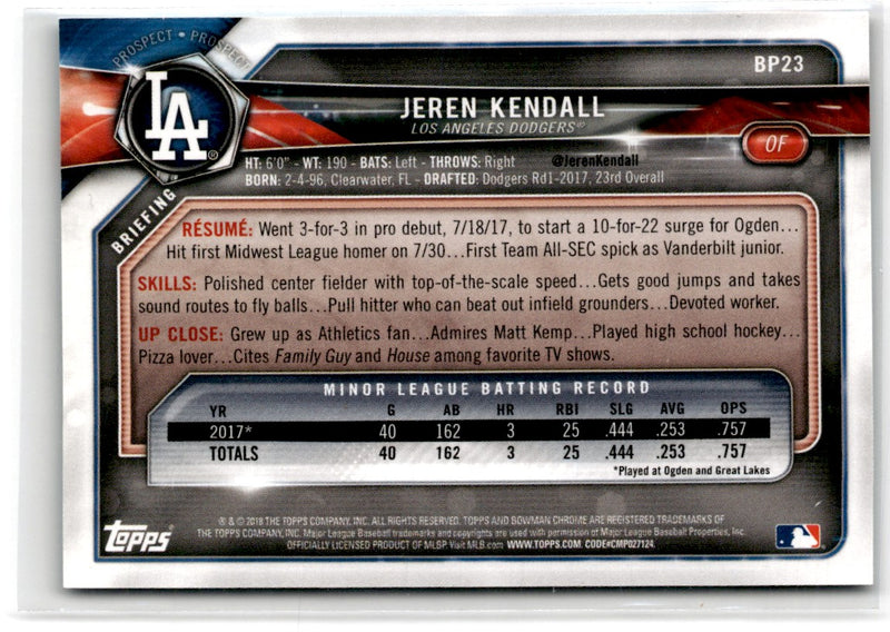 2018 Bowman Prospects Sky Blue Jeren Kendall