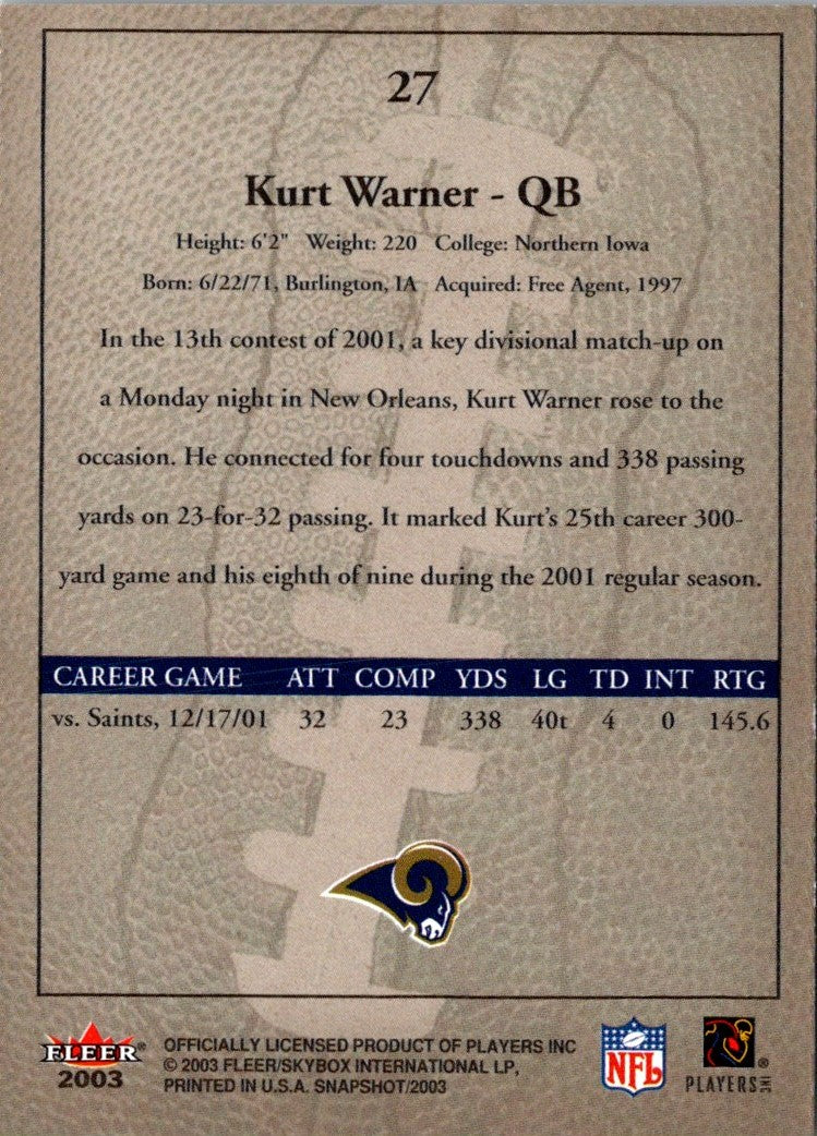 2003 Fleer Snapshot Kurt Warner