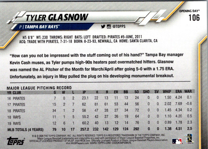 2020 Topps Opening Day Tyler Glasnow