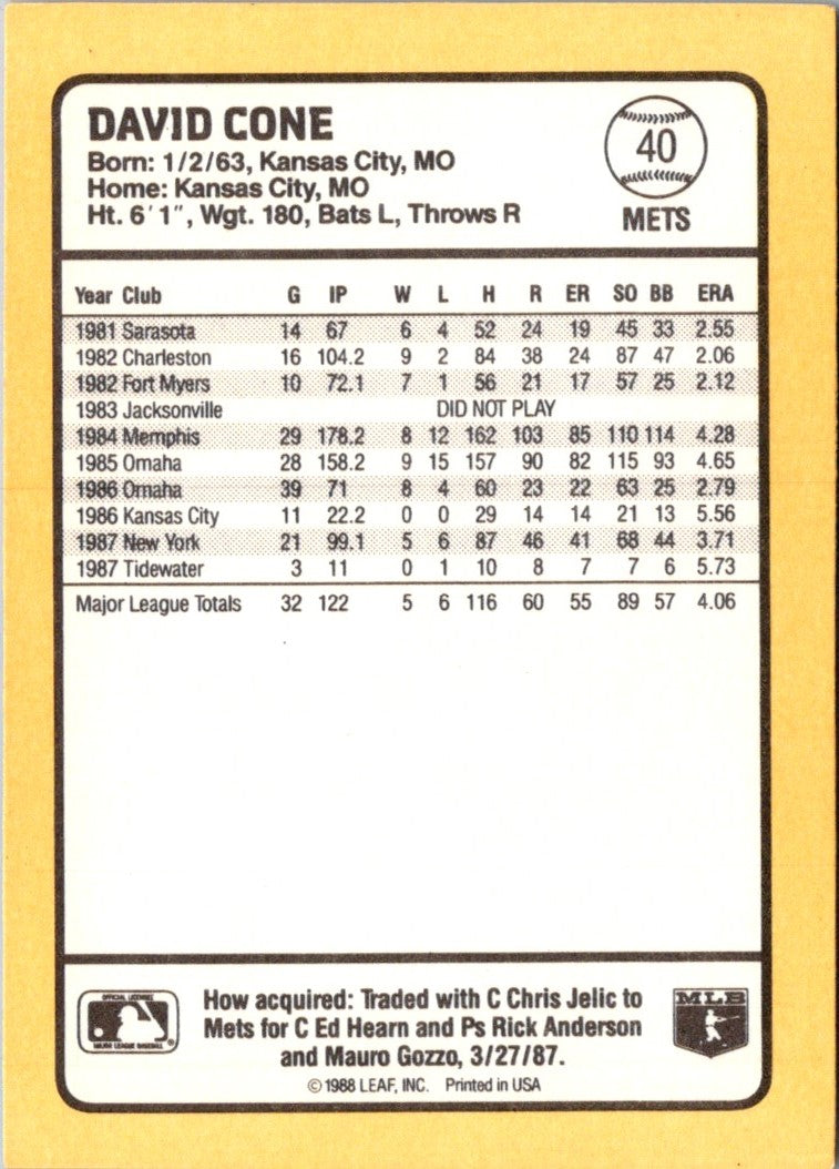 1988 Donruss Baseball's Best David Cone
