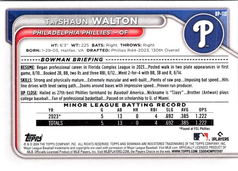 2024 Bowman Prospects TayShaun Walton