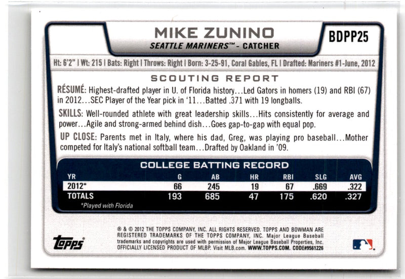 2012 Bowman Draft Picks & Prospects Mike Zunino