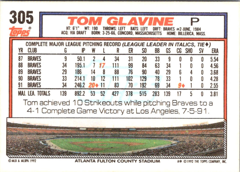 1992 Topps Gold Tom Glavine