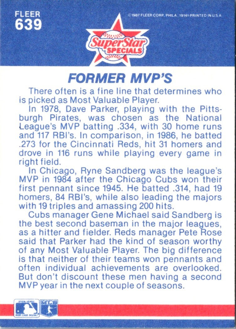 1987 Fleer Dave Parker/Ryne Sandberg